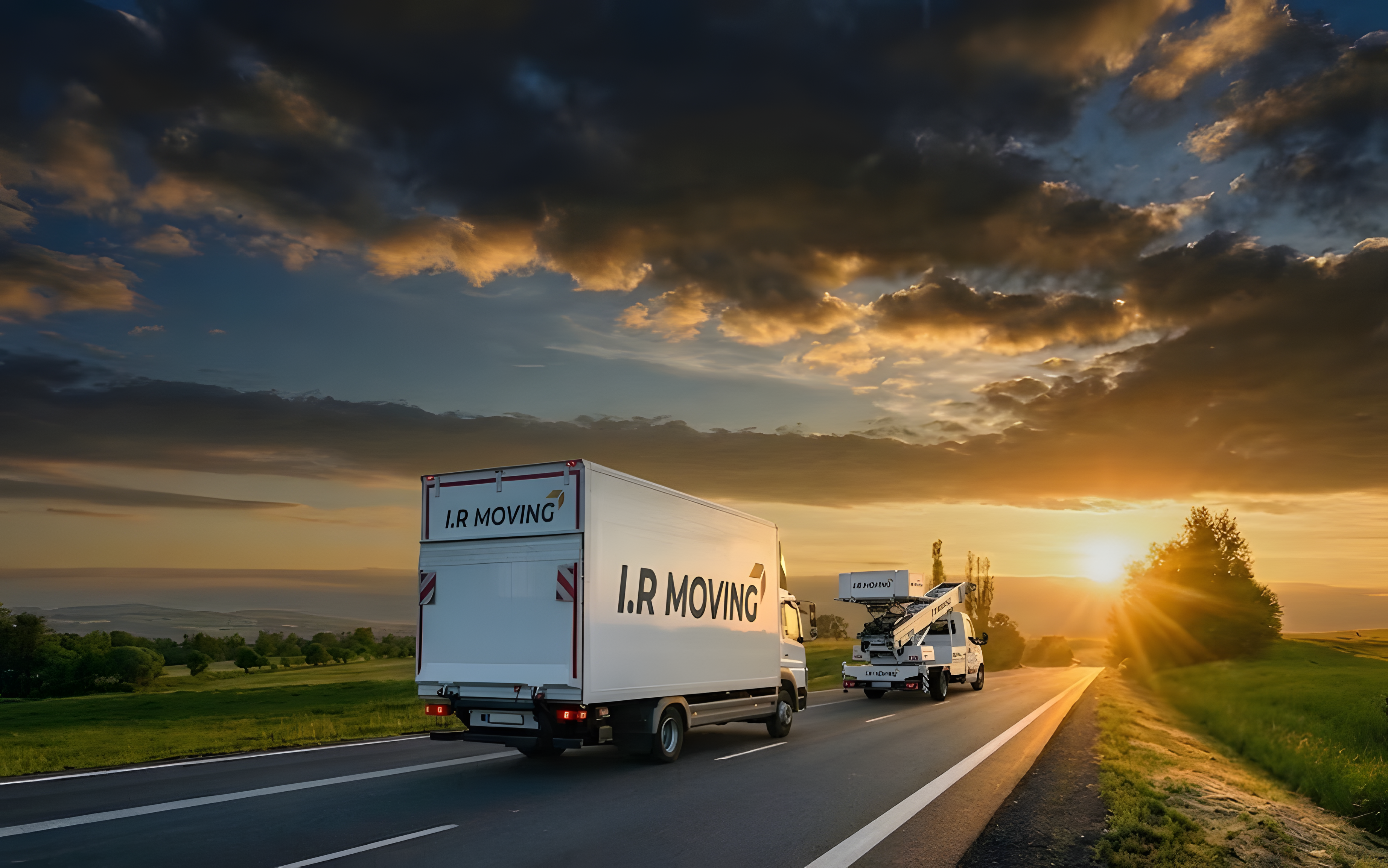 Camion de déménagement sur l'autoroute au coucher du soleil
